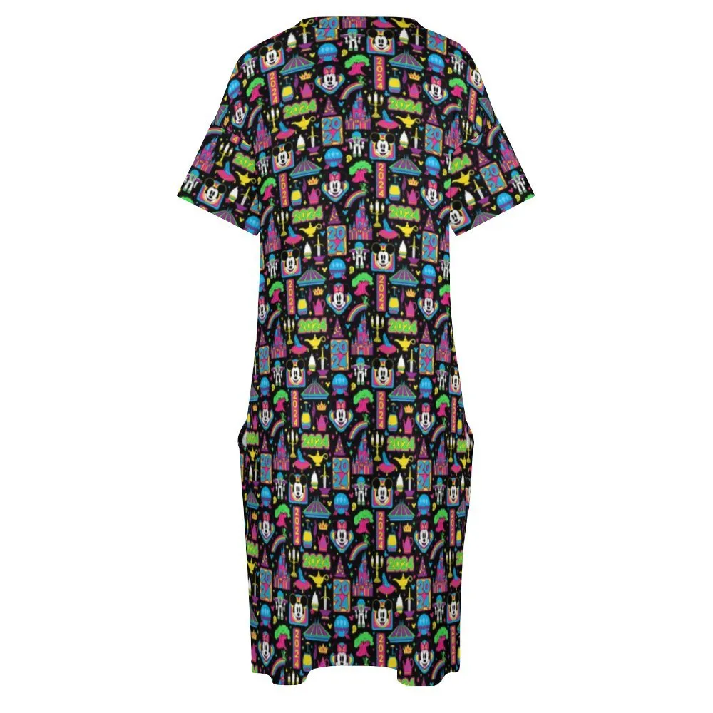 Disney 2024 Dark Women's V-neck Loose Dress With Pockets