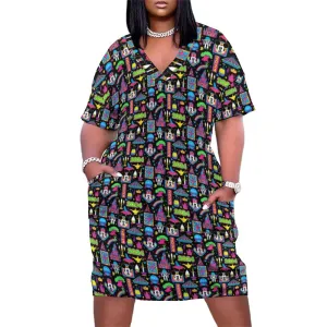 Disney 2024 Dark Women's V-neck Loose Dress With Pockets