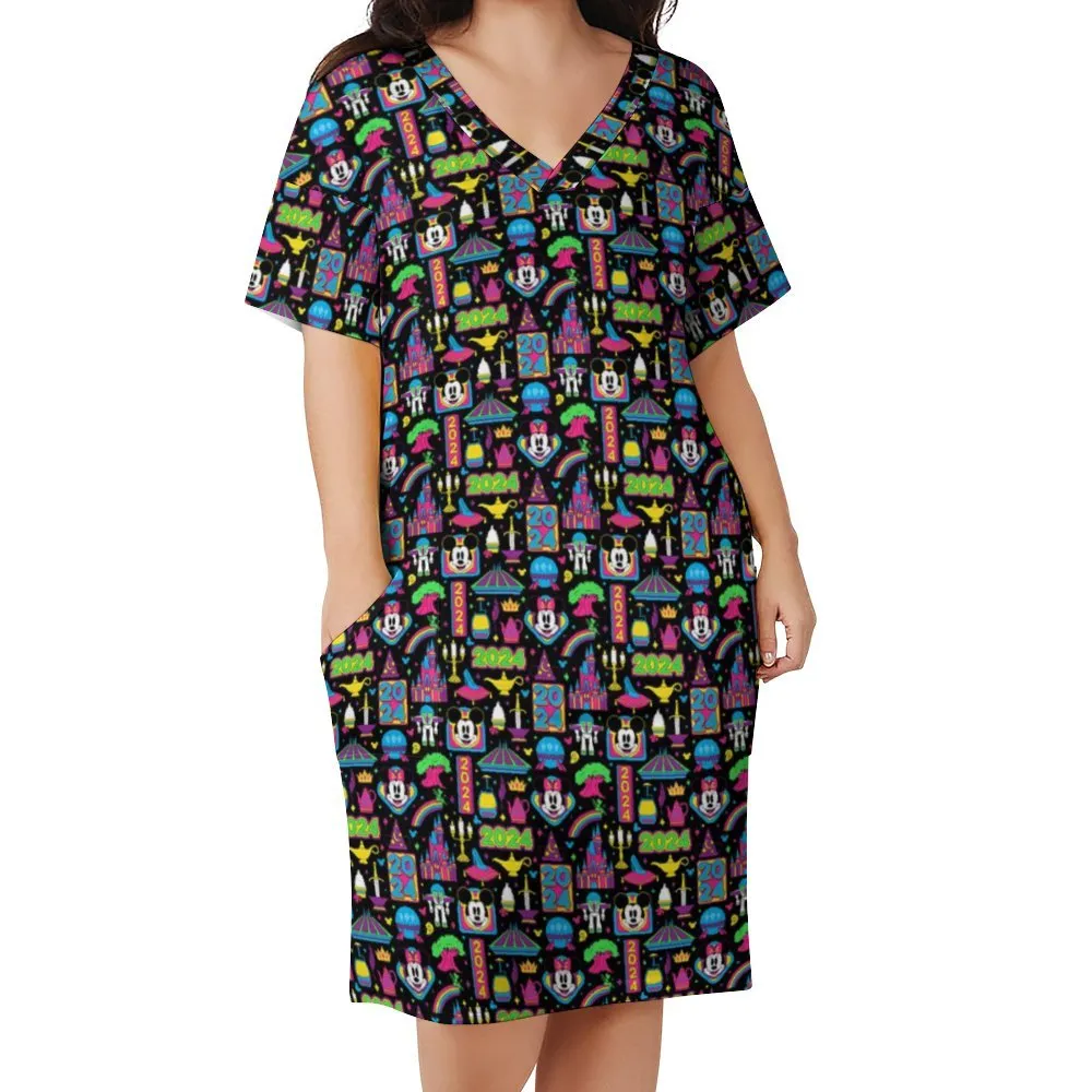 Disney 2024 Dark Women's V-neck Loose Dress With Pockets