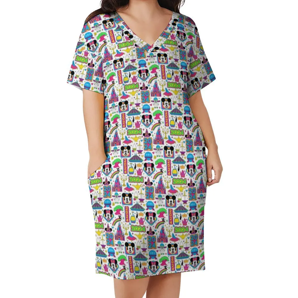 Disney 2024 Women's V-neck Loose Dress With Pockets