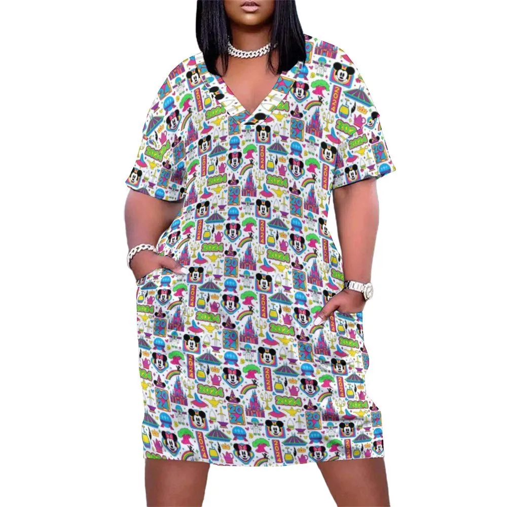 Disney 2024 Women's V-neck Loose Dress With Pockets