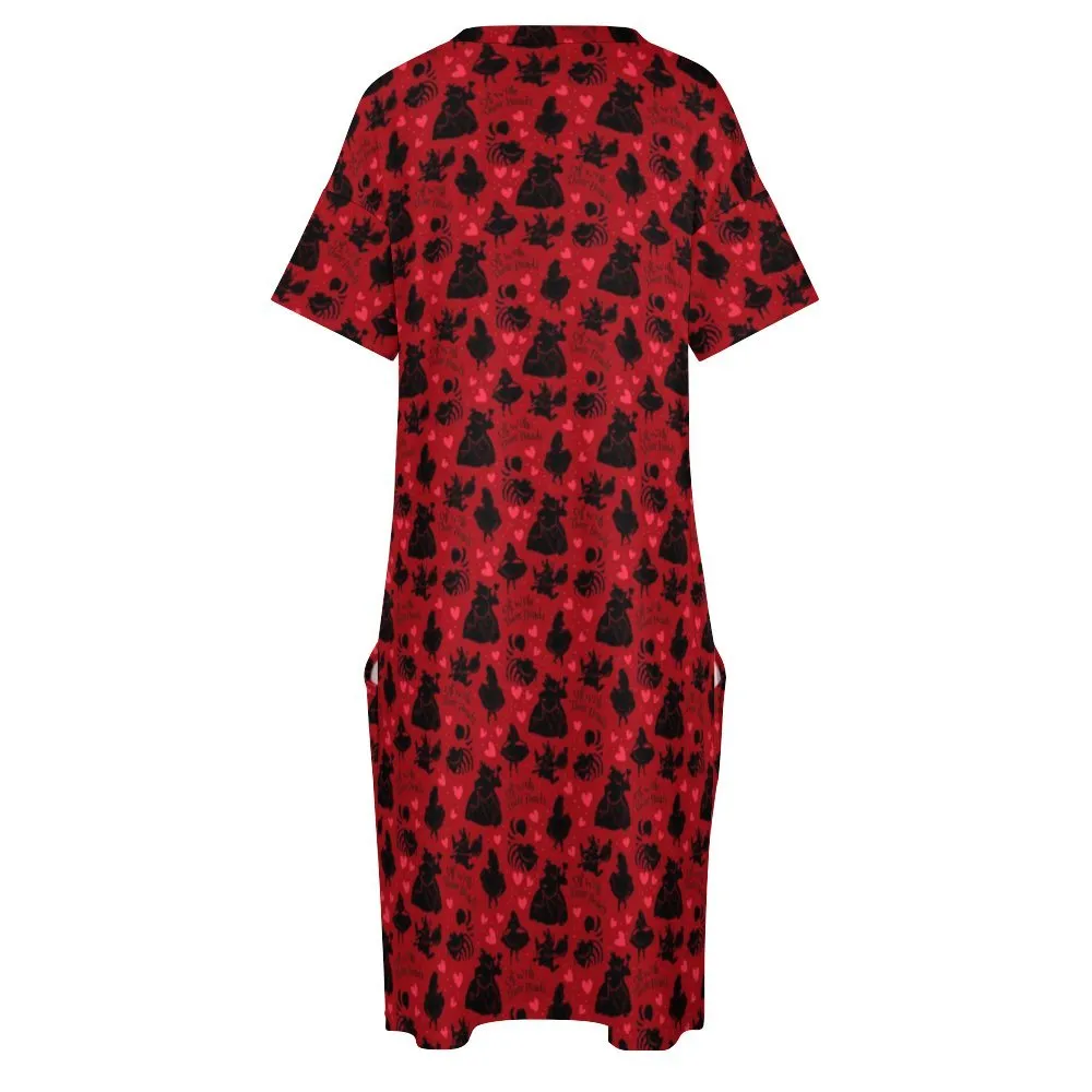 Disney Alice In Wonderland Queen Of Hearts Off With Their Heads Women's V-neck Loose Dress With Pockets