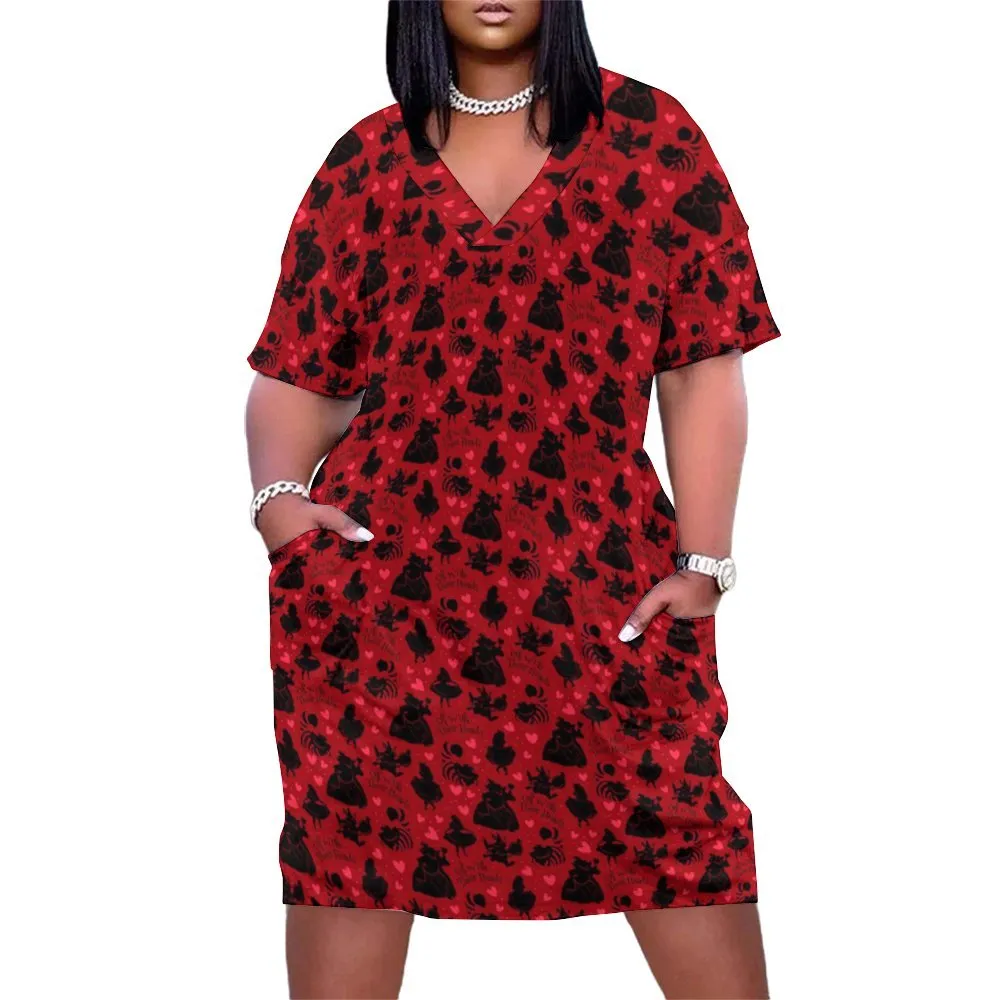 Disney Alice In Wonderland Queen Of Hearts Off With Their Heads Women's V-neck Loose Dress With Pockets