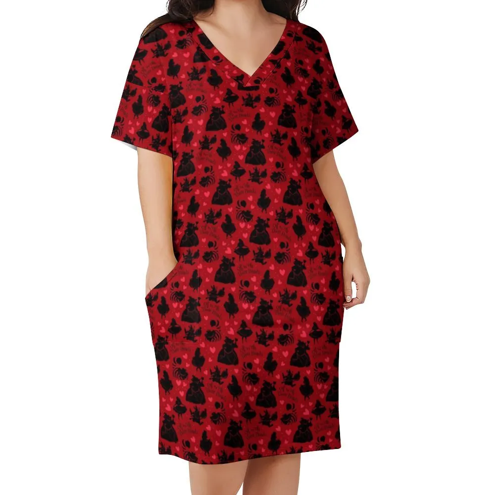 Disney Alice In Wonderland Queen Of Hearts Off With Their Heads Women's V-neck Loose Dress With Pockets