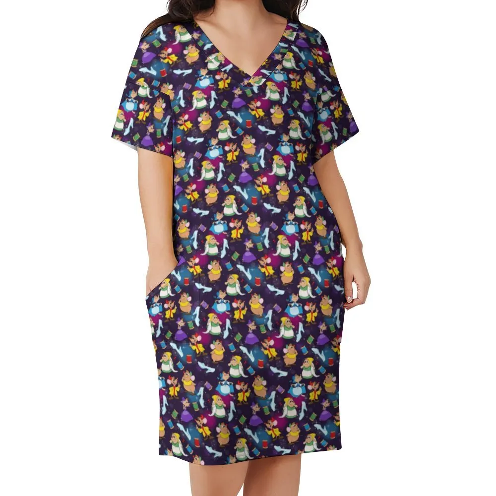 Disney Cinderella Magical Mice Women's V-neck Loose Dress With Pockets