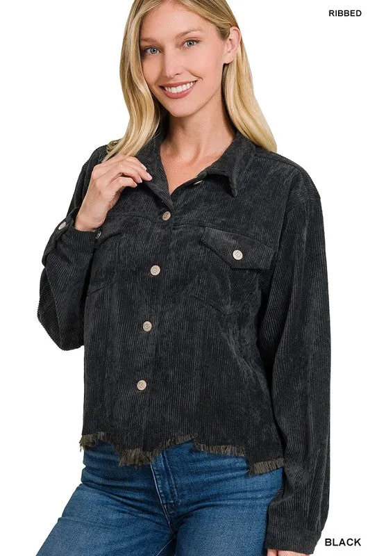 Distressed Corduroy Cropped Jacket - black