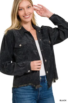 Distressed Corduroy Cropped Jacket - black