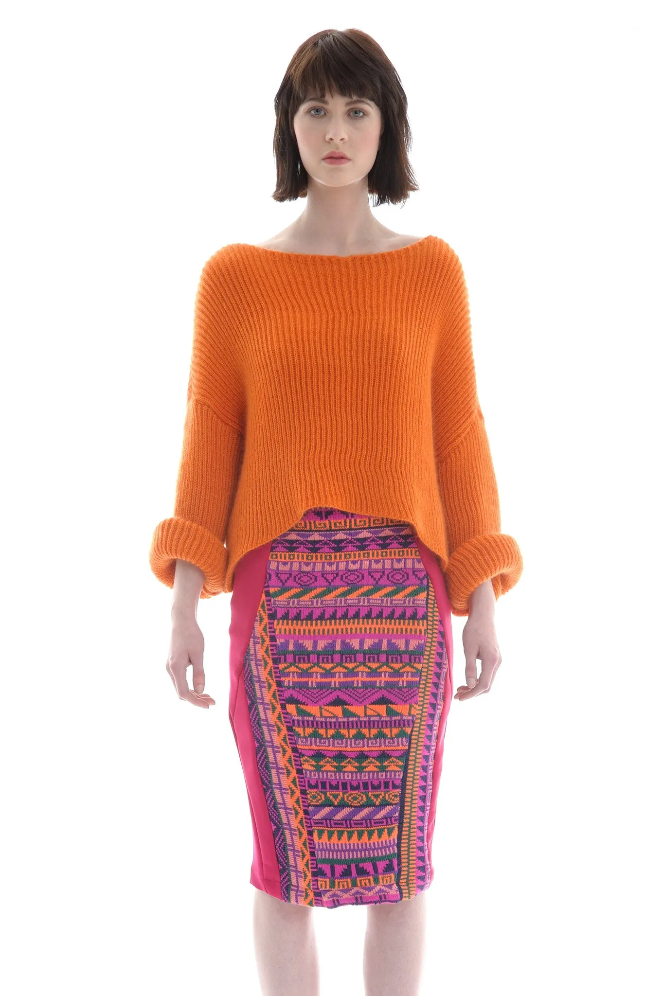 Fair Isle Pencil Skirt in Pink, Orange, and Purple Geometric Pattern