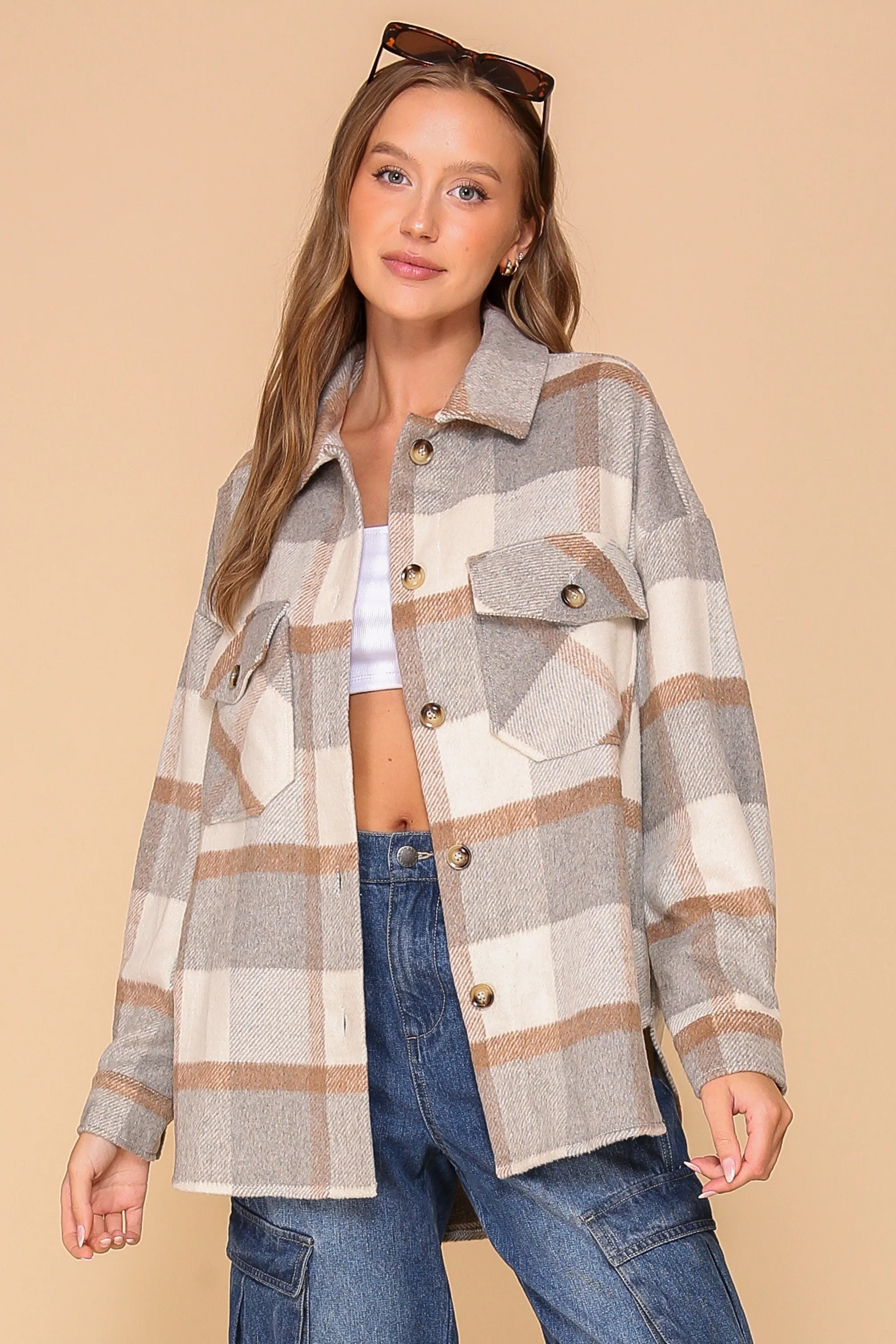 Fall Affair Plaid Shacket - Grey