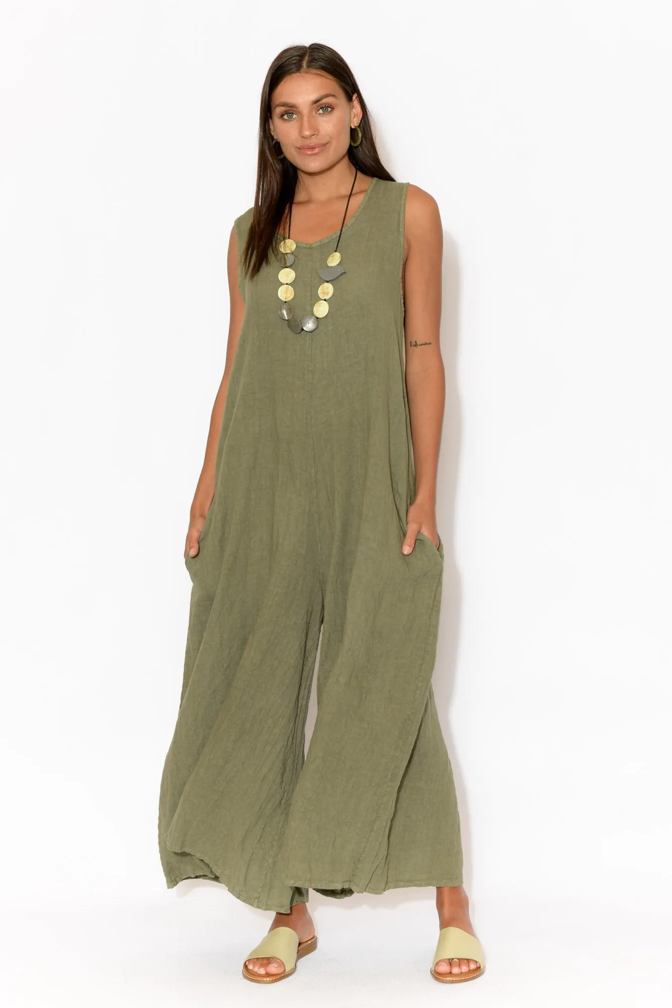 Fay Khaki Linen Jumpsuit