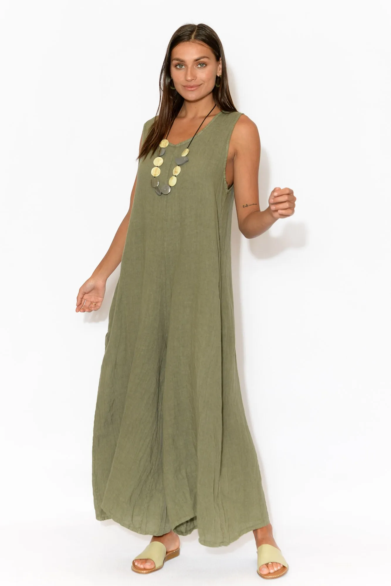 Fay Khaki Linen Jumpsuit