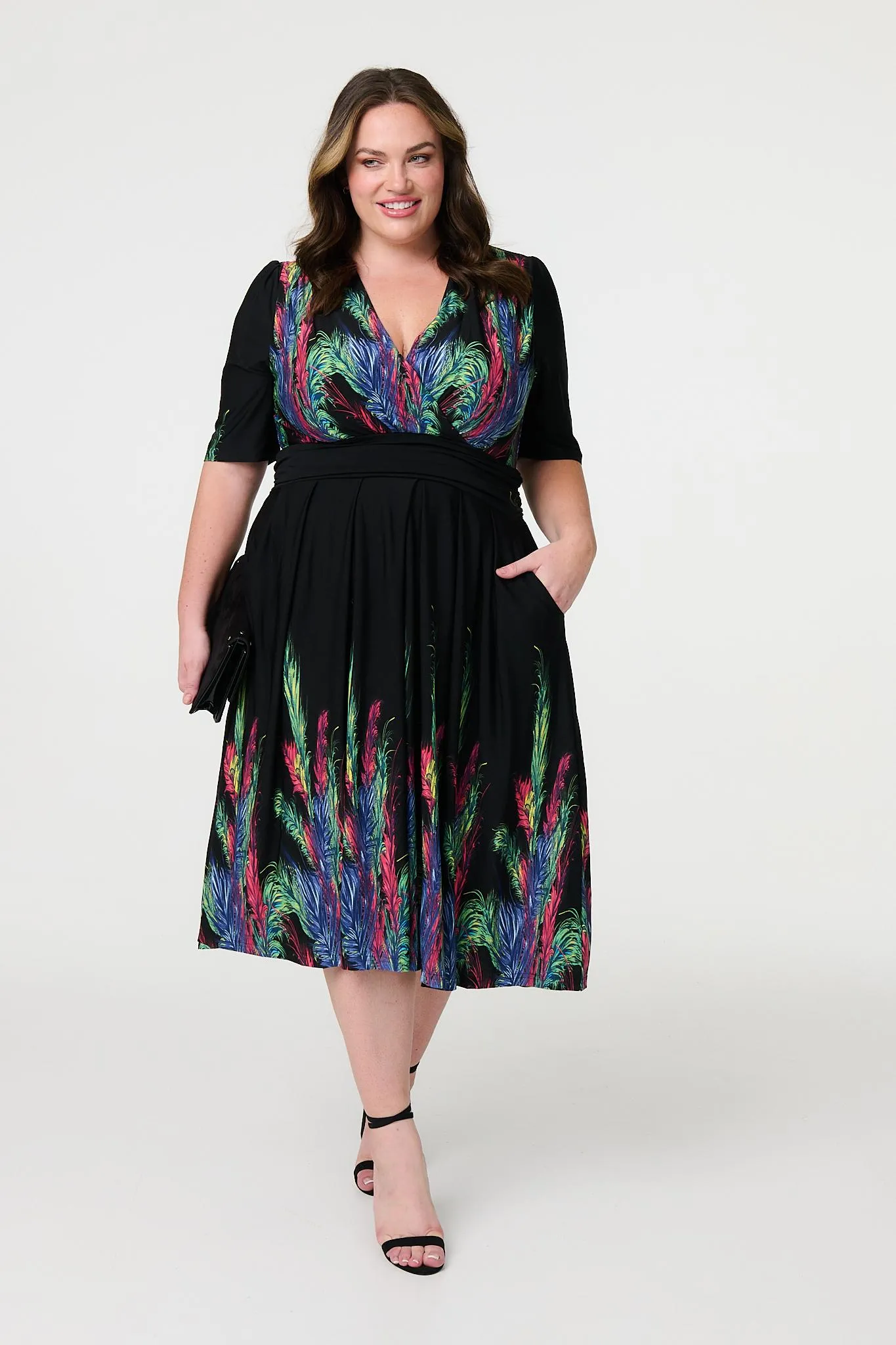 Feather Print Faux Wrap Front Midi Dress