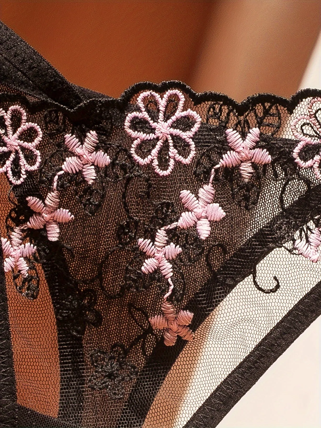 Floral Embroidered Sheer Thongs Elegant  Seductive Intimate Wear