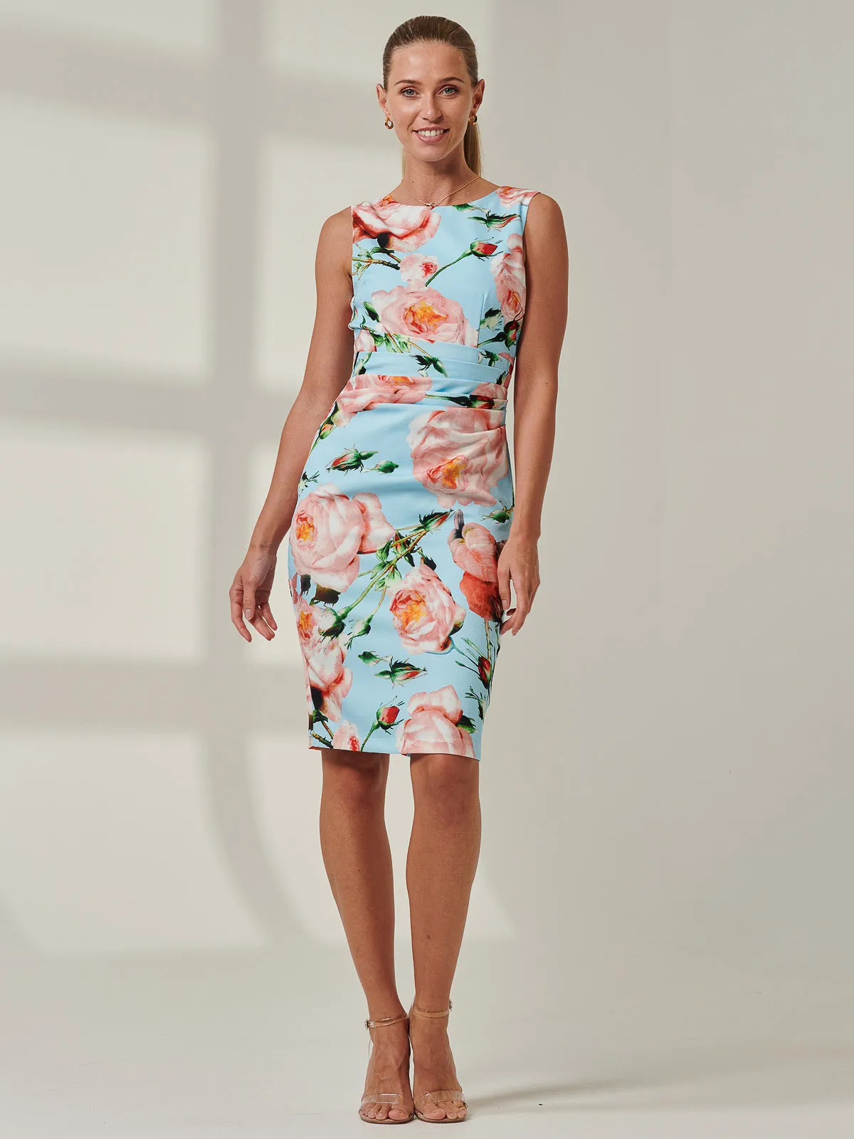 Floral Print Ruched Dress, Blue Floral