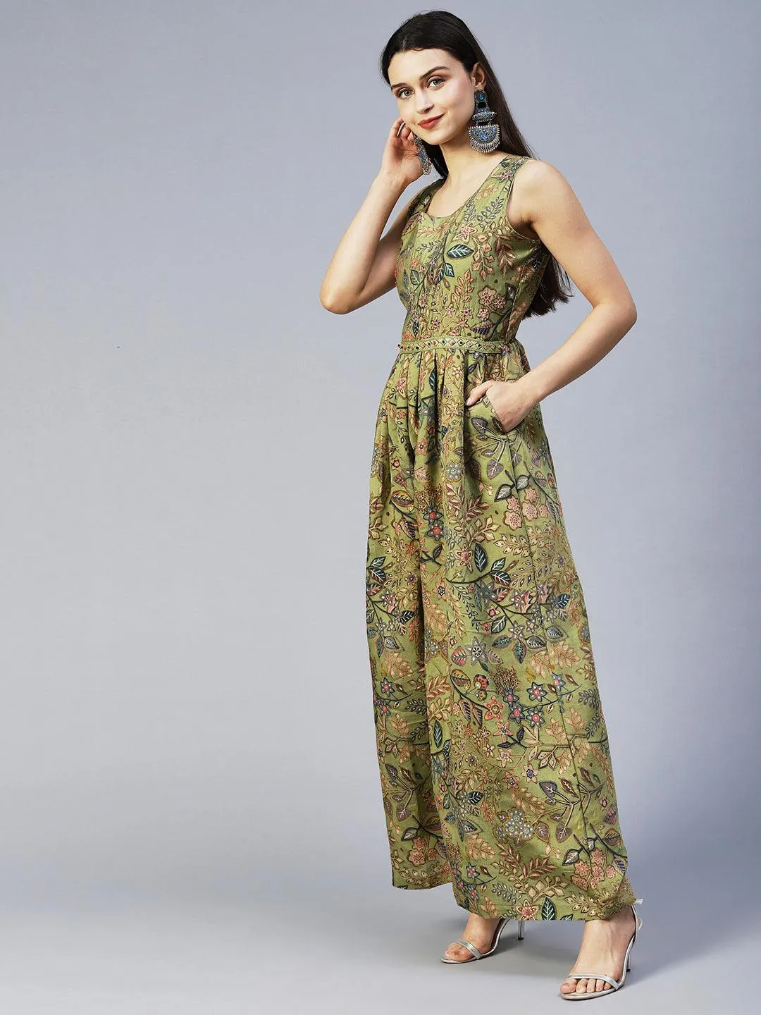 Floral Printed & Hand Embroidered Straight Fit Jumpsuit - Light Green