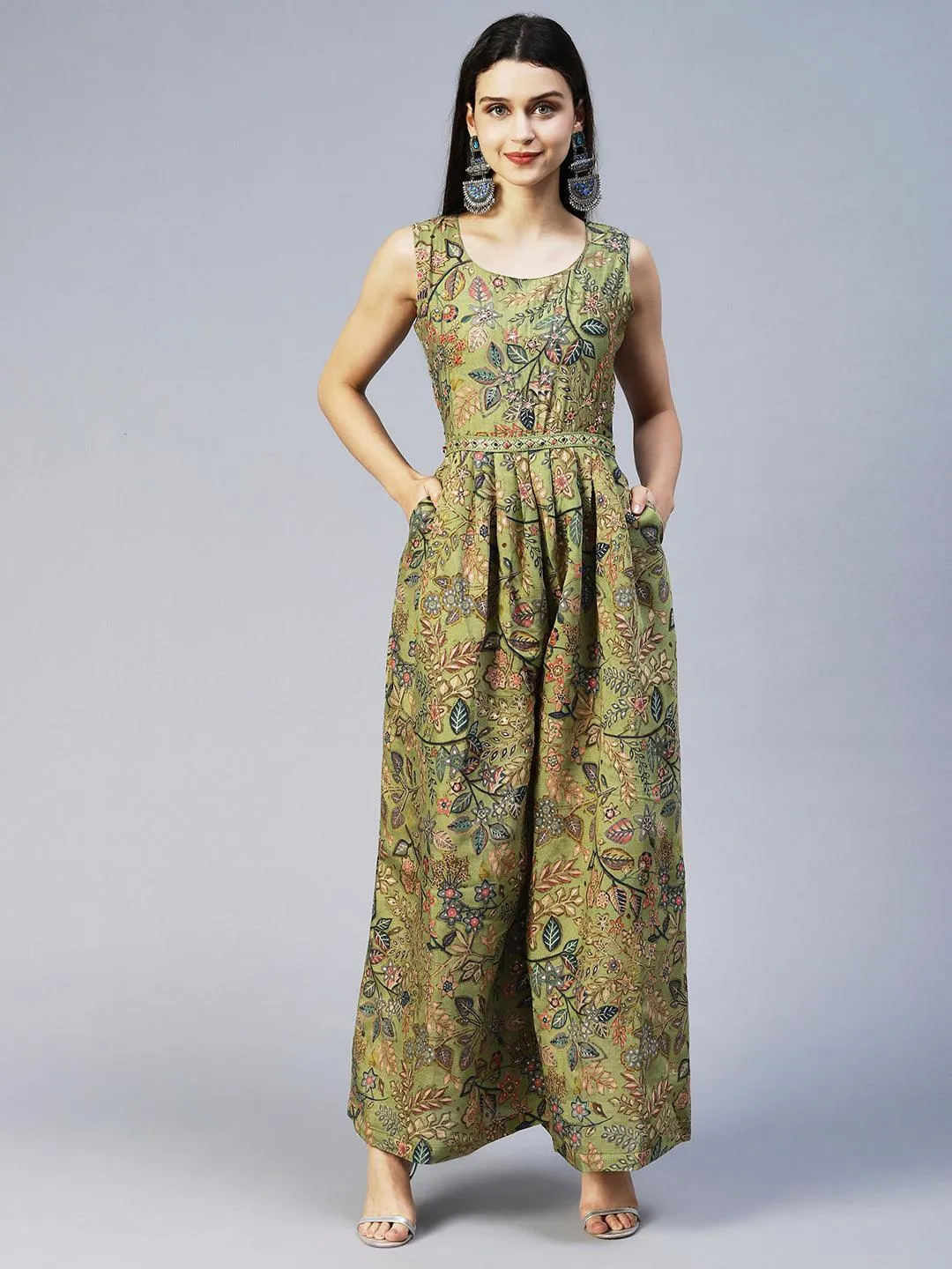 Floral Printed & Hand Embroidered Straight Fit Jumpsuit - Light Green