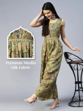 Floral Printed & Hand Embroidered Straight Fit Jumpsuit - Light Green