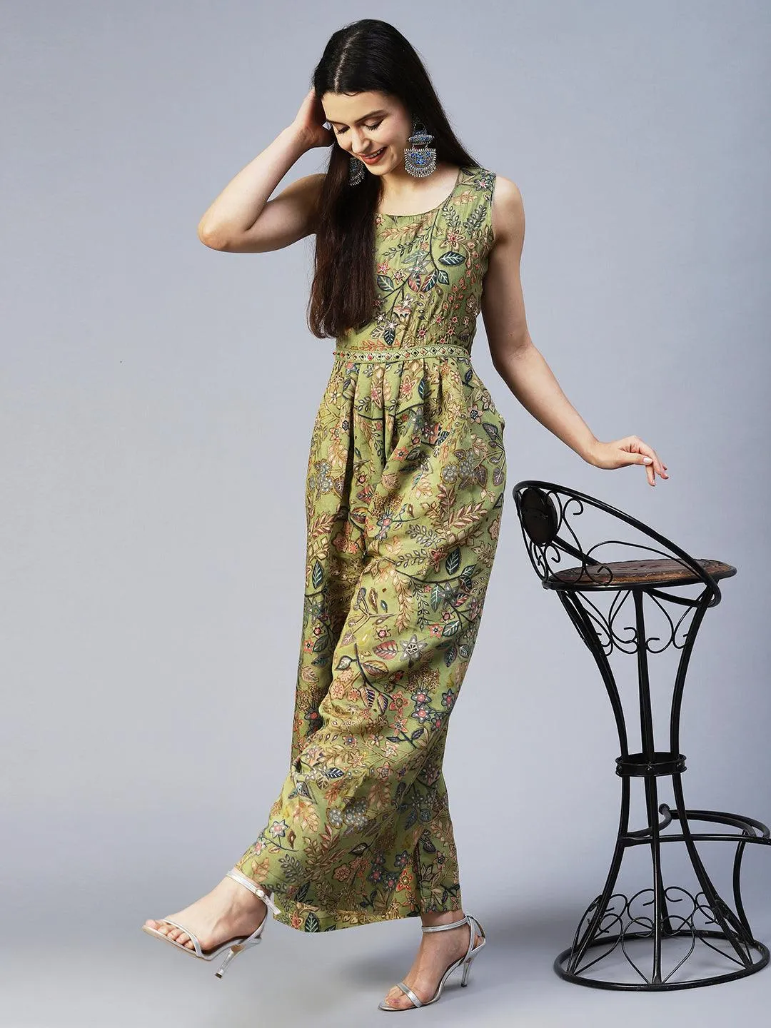 Floral Printed & Hand Embroidered Straight Fit Jumpsuit - Light Green