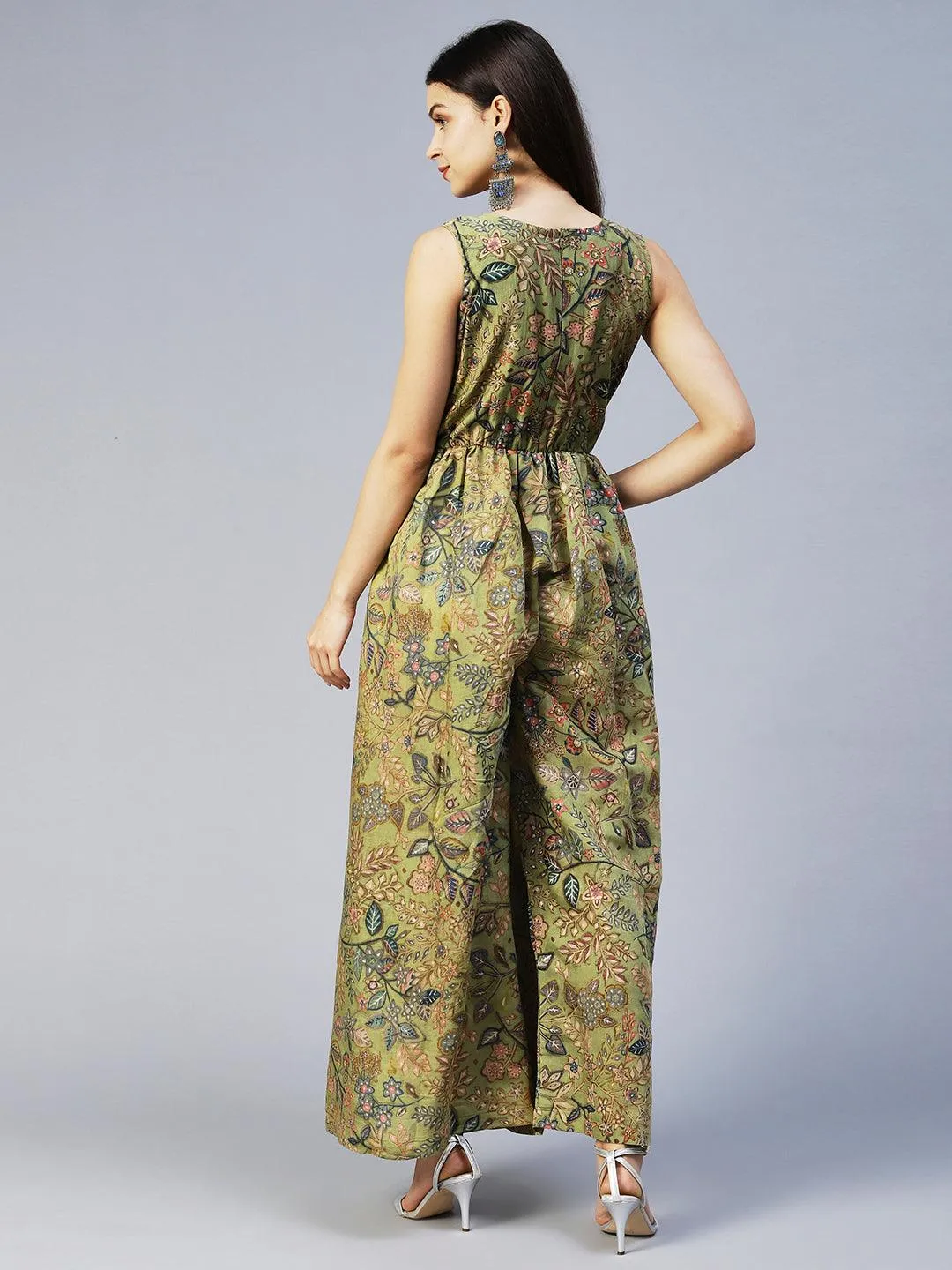 Floral Printed & Hand Embroidered Straight Fit Jumpsuit - Light Green