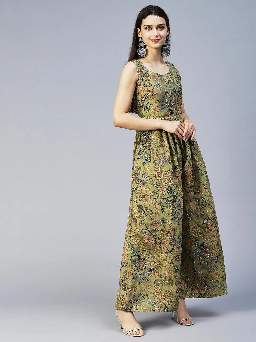 Floral Printed & Hand Embroidered Straight Fit Jumpsuit - Light Green