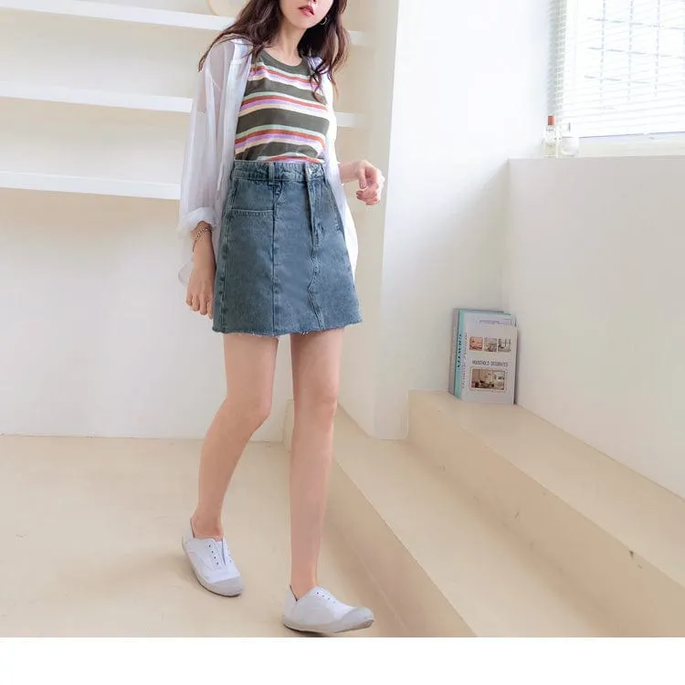 FRAYED HEM HIGH WAIST A-LINE DENIM SKIRTS