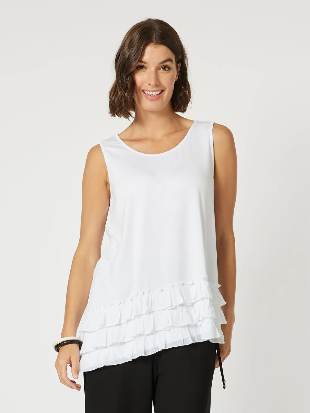 Frilled Hem Sleeveless Top - White