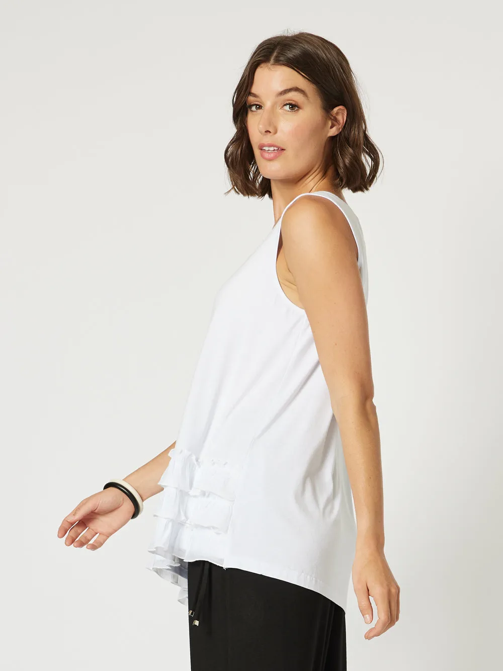 Frilled Hem Sleeveless Top - White