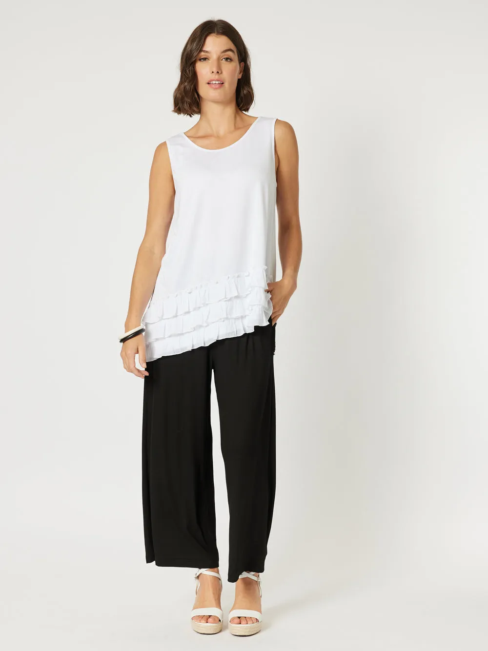 Frilled Hem Sleeveless Top - White