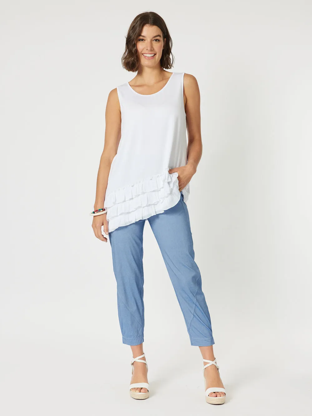 Frilled Hem Sleeveless Top - White