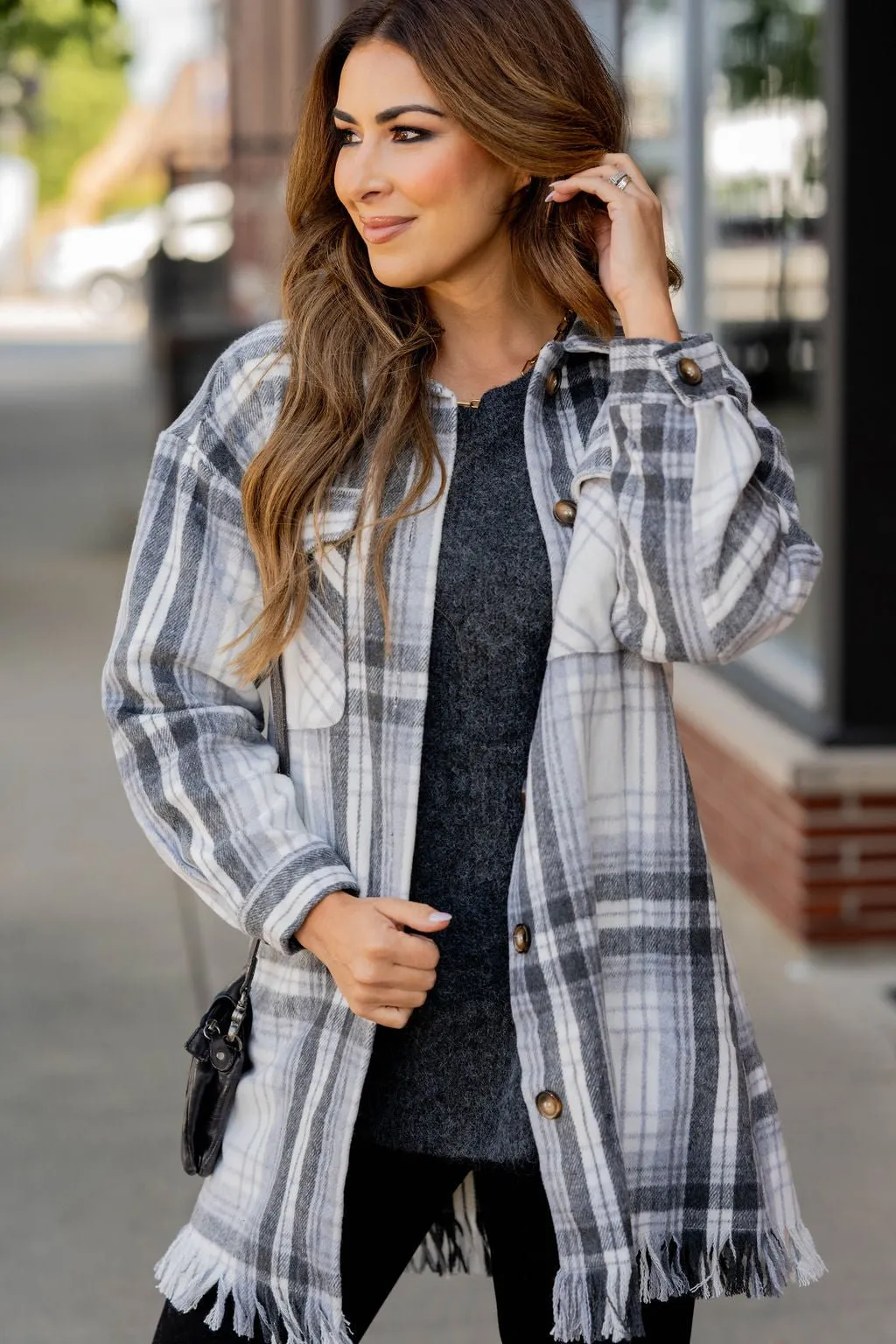 Fringe Bottom Plaid Tunic Shacket