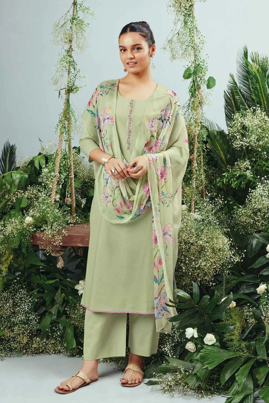 Ganga Unstitched Green Premium Cotton Women Suit Set