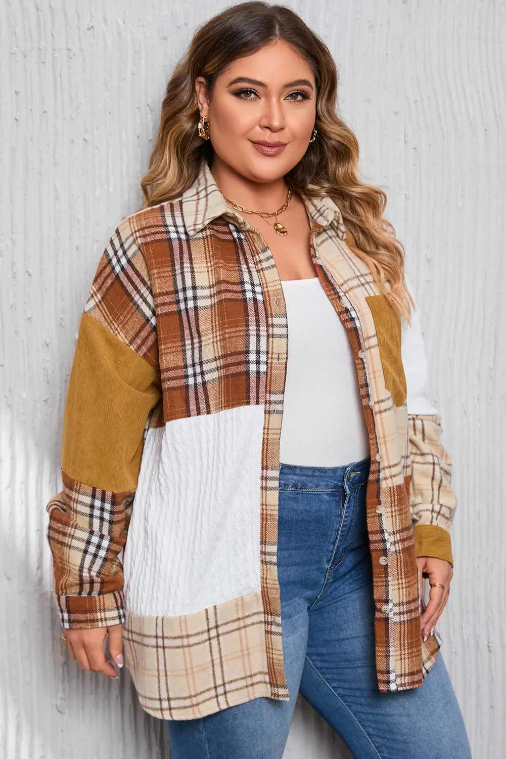 Gold Brick Plus Size Plaid Patchwork Button Up Shacket