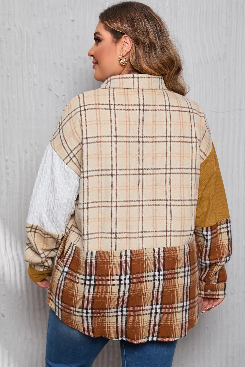 Gold Brick Plus Size Plaid Patchwork Button Up Shacket