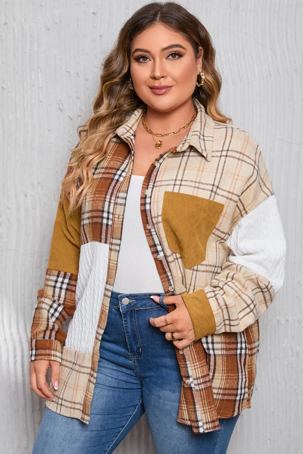 Gold Brick Plus Size Plaid Patchwork Button Up Shacket