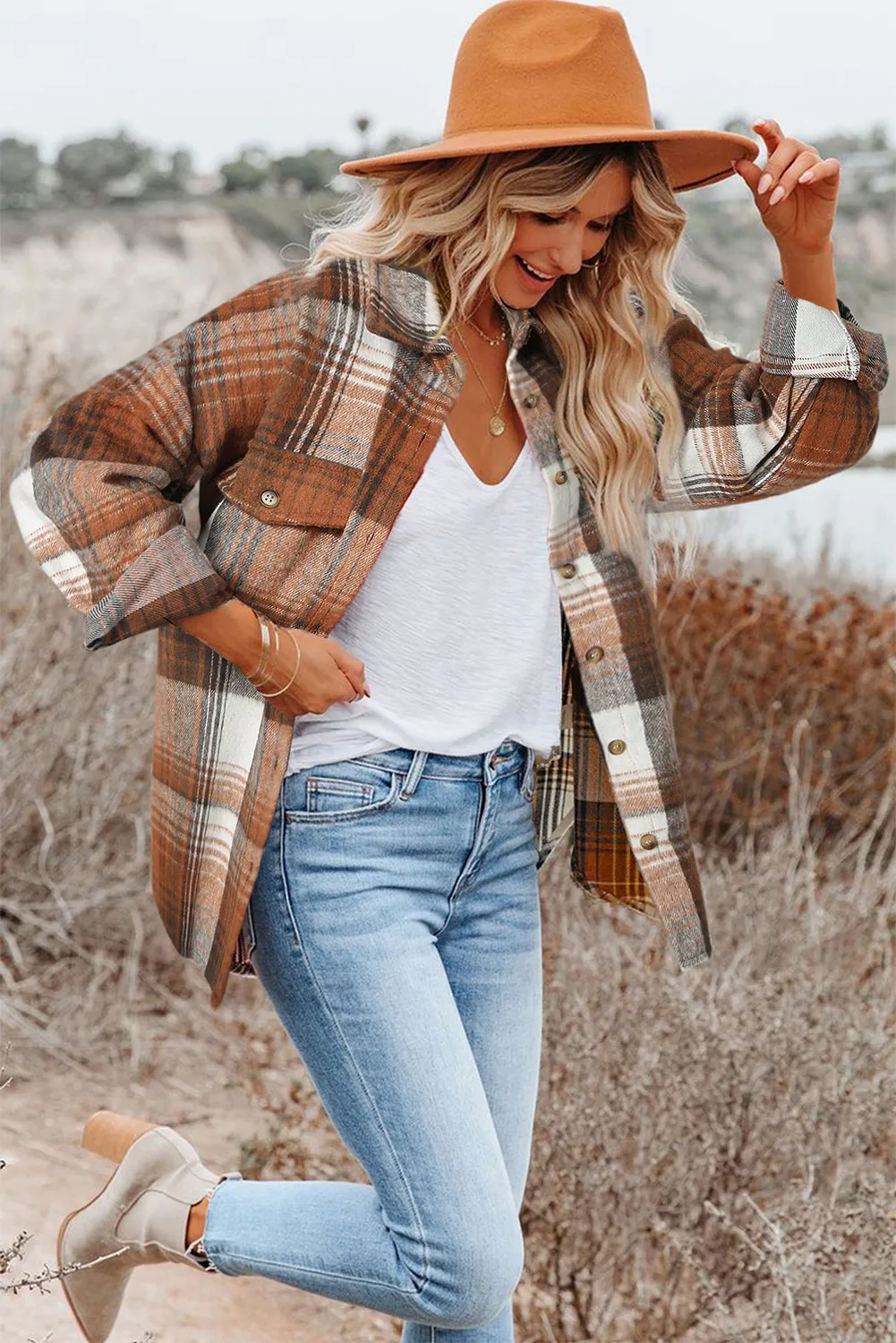 Gold Flame & Grey Plaid Button Up Collared Flannel Shacket