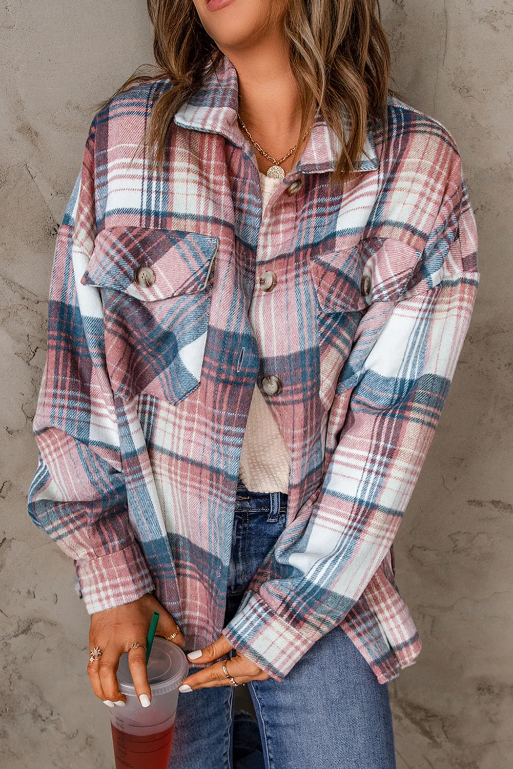 Gold Flame & Grey Plaid Button Up Collared Flannel Shacket