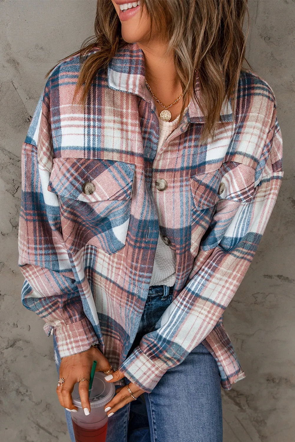 Gold Flame & Grey Plaid Button Up Collared Flannel Shacket