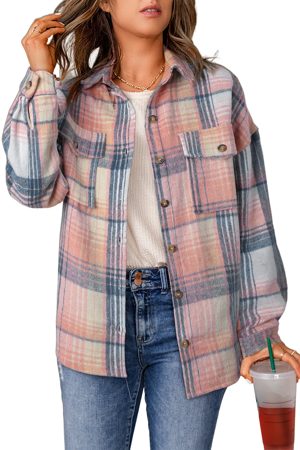 Gold Flame & Grey Plaid Button Up Collared Flannel Shacket