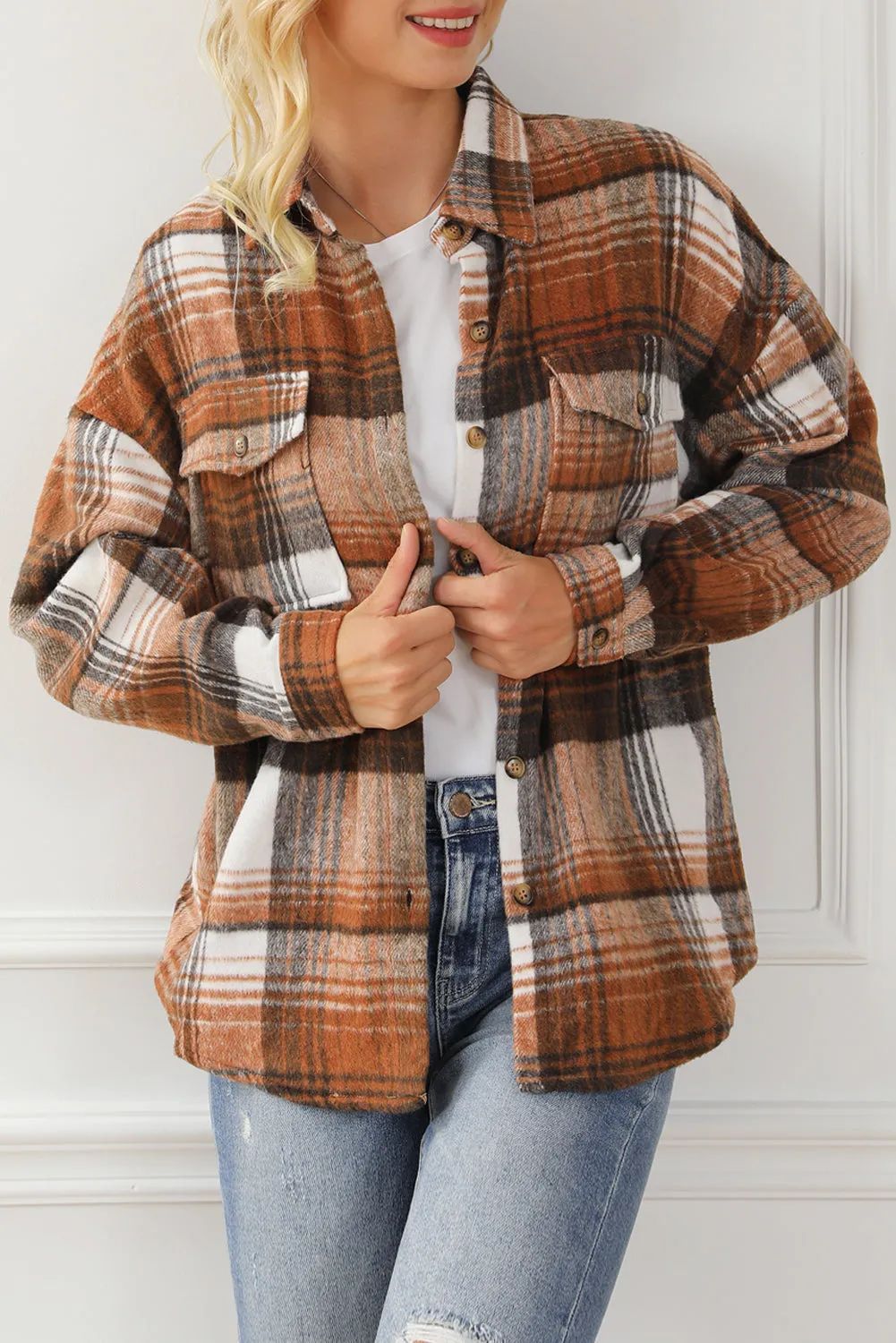 Gold Flame & Grey Plaid Button Up Collared Flannel Shacket