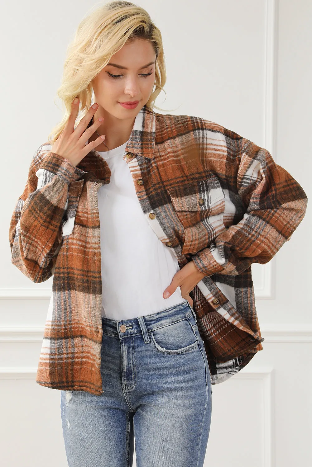 Gold Flame & Grey Plaid Button Up Collared Flannel Shacket