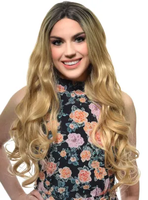 Golden Blonde Rooted Long Curly Lace Front Fashion Wig