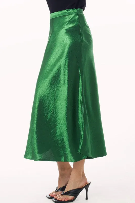 Green Satin Midi A Line Slip Skirt