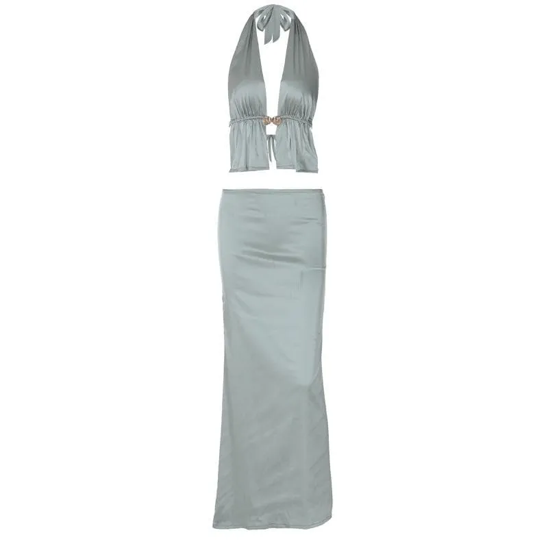 Halter metal button satin backless maxi skirt set