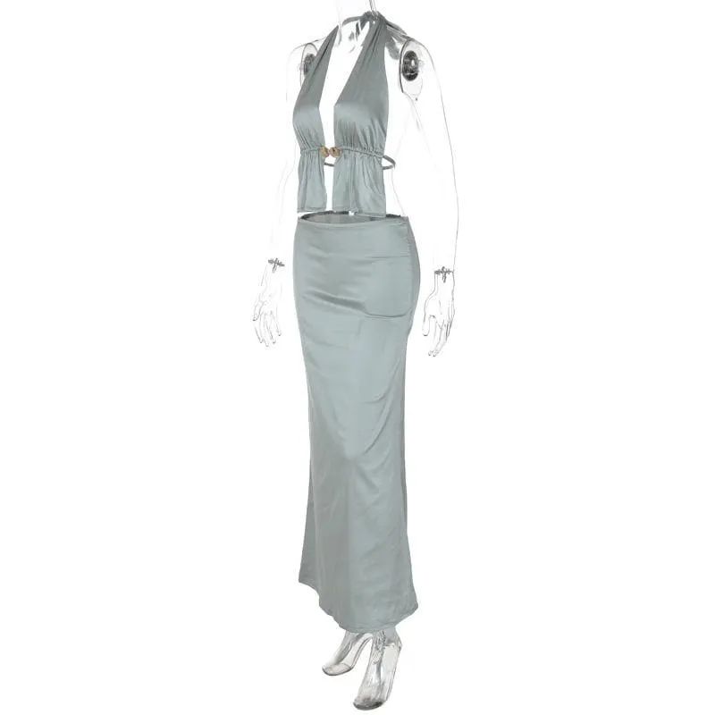 Halter metal button satin backless maxi skirt set