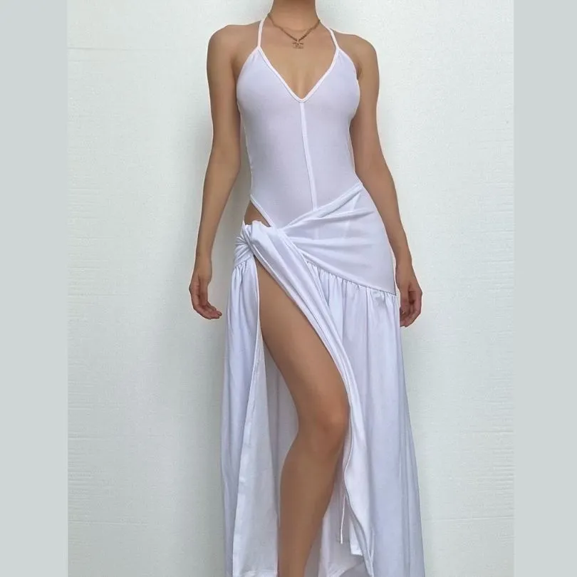 Halter v neck knotted slit maxi skirt set