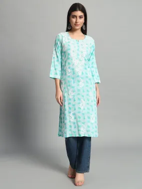 Handikraft Chikankari Kurta for Women Cotton Printed & Embroidered Straight Kurti Cyan