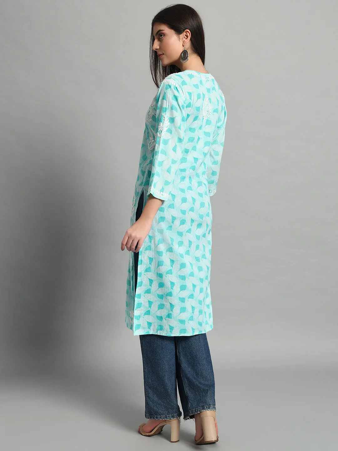 Handikraft Chikankari Kurta for Women Cotton Printed & Embroidered Straight Kurti Cyan