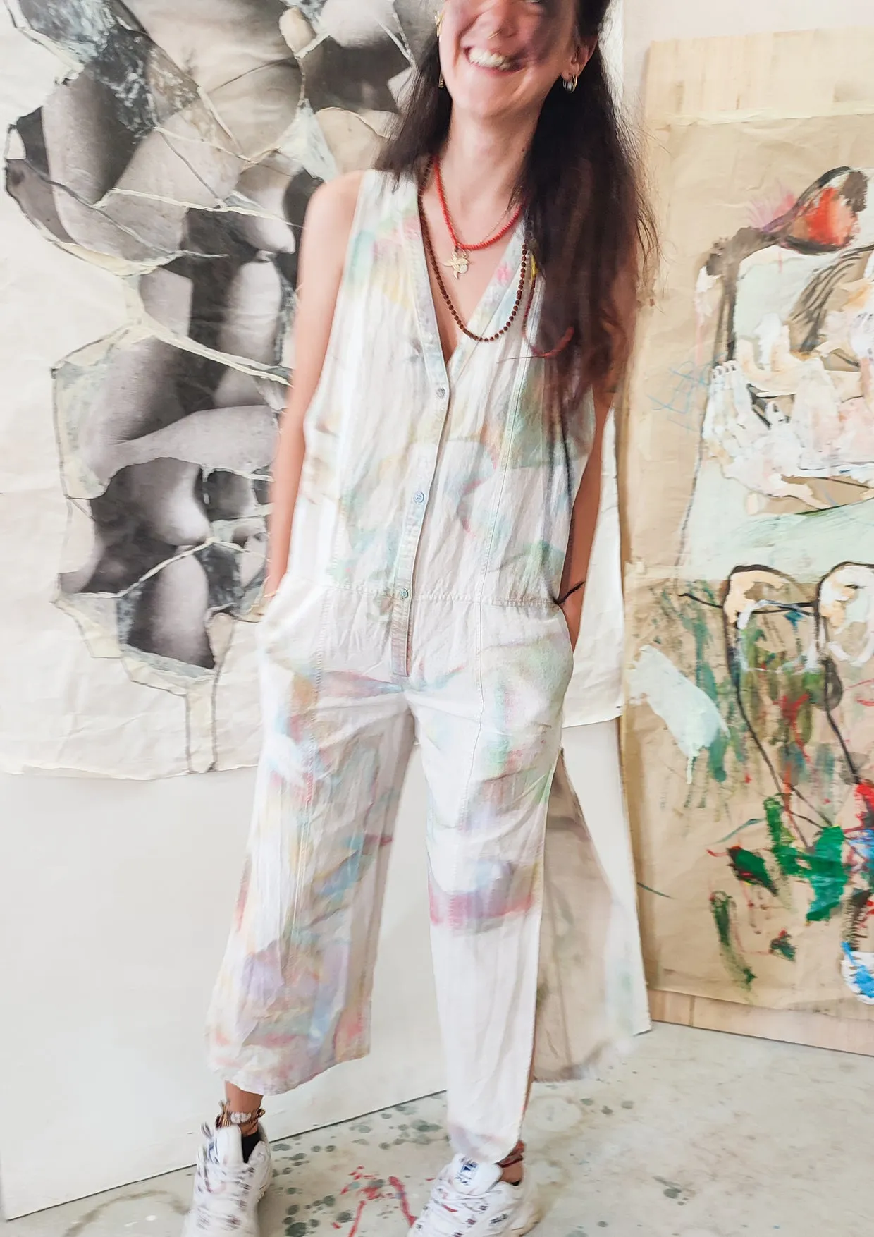 HANDPAINTED JUMPSUIT LONG SLEEVELESS SIDE SLOTS - NATURAL LINEN white