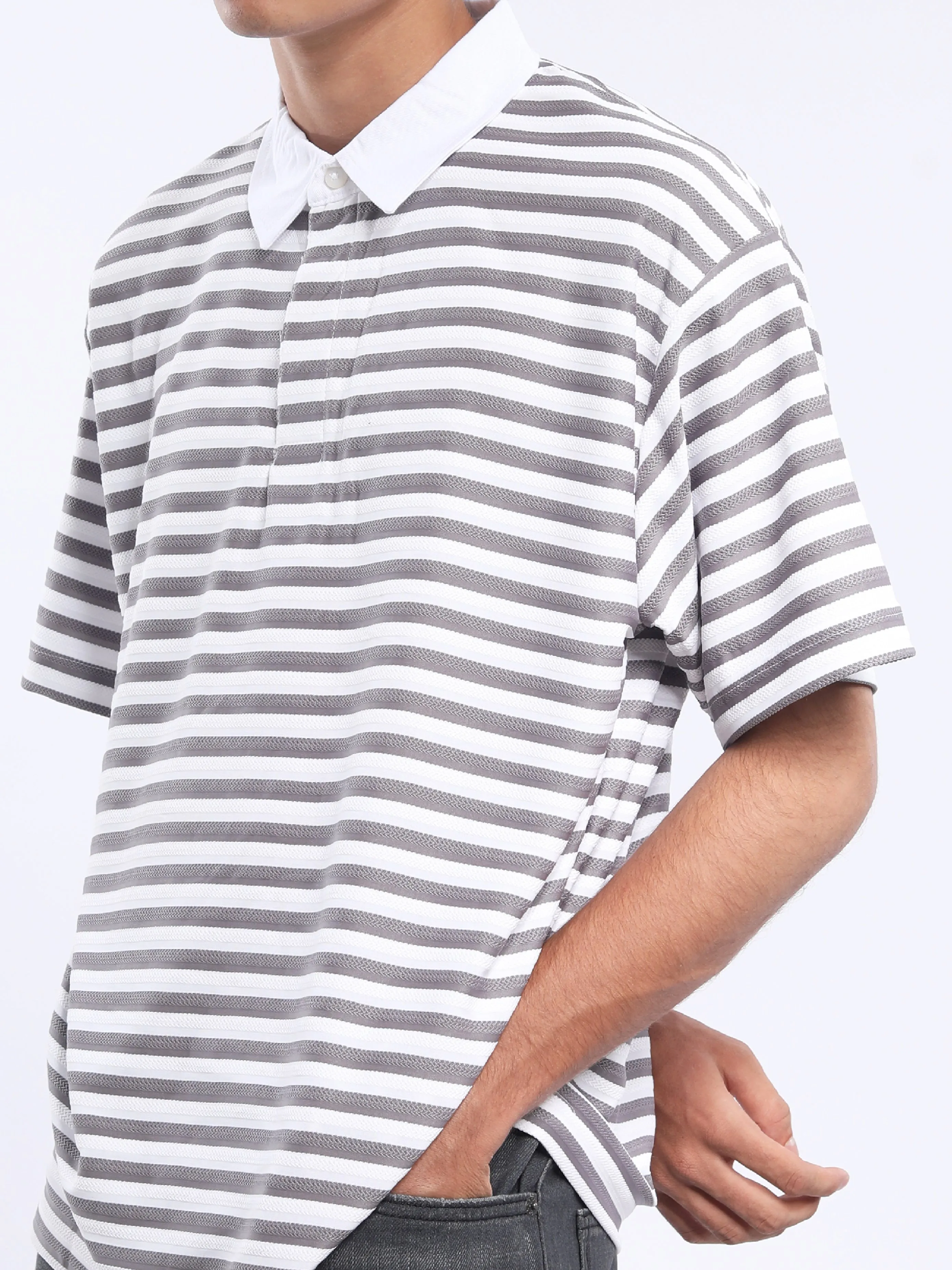 Helga - Striped Polo T-Shirt - Granite Gray