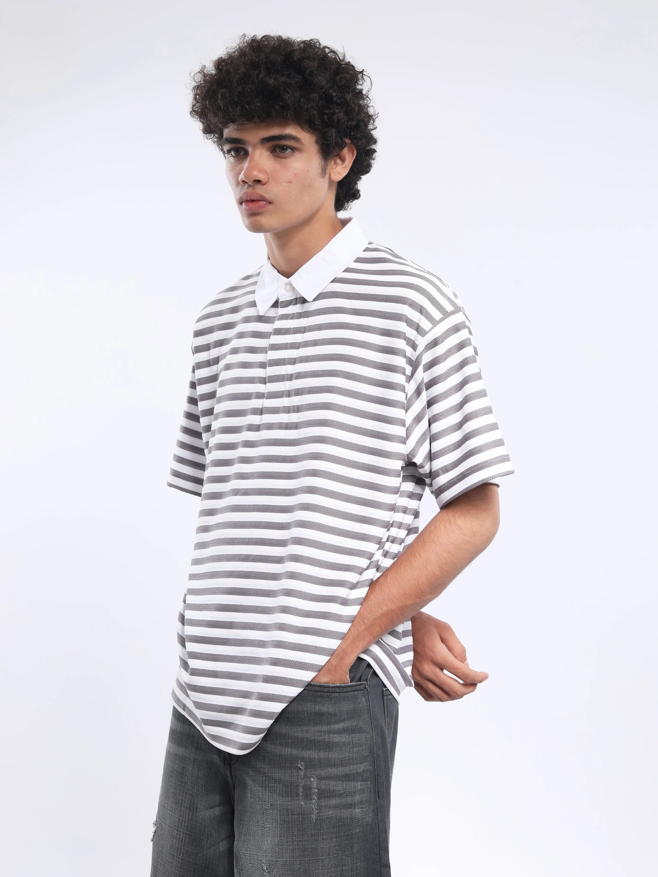 Helga - Striped Polo T-Shirt - Granite Gray